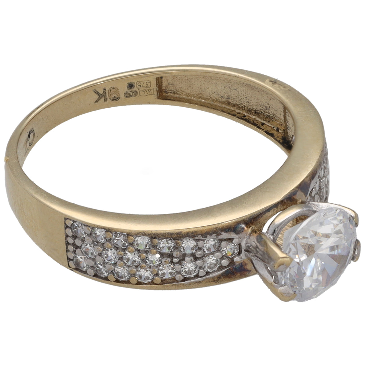 9ct gold CZ dress ring with pavé stones and large round center stone