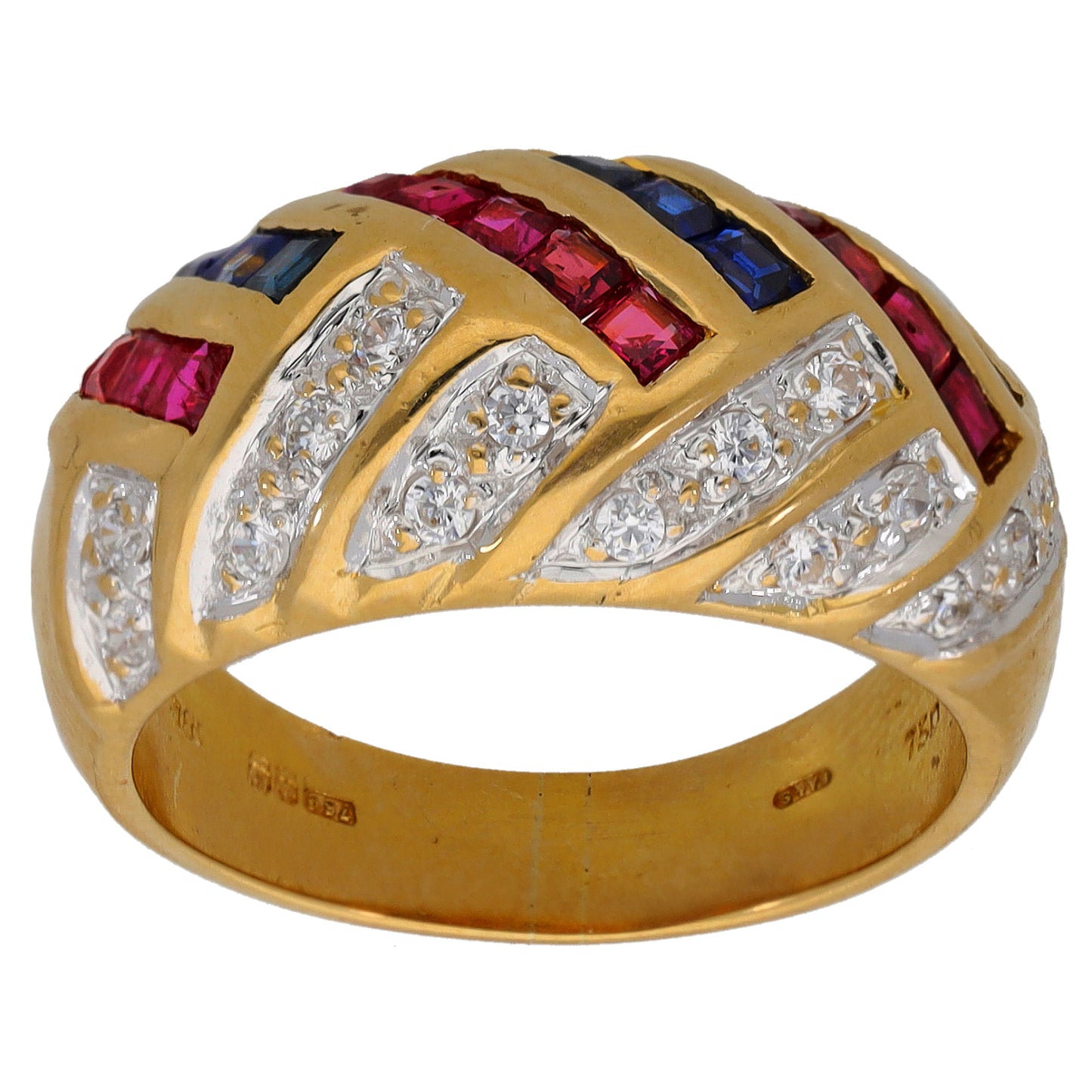 18ct Gold Ruby, Sapphire & Cubic Zirconia Dress/Cocktail Ring Size N