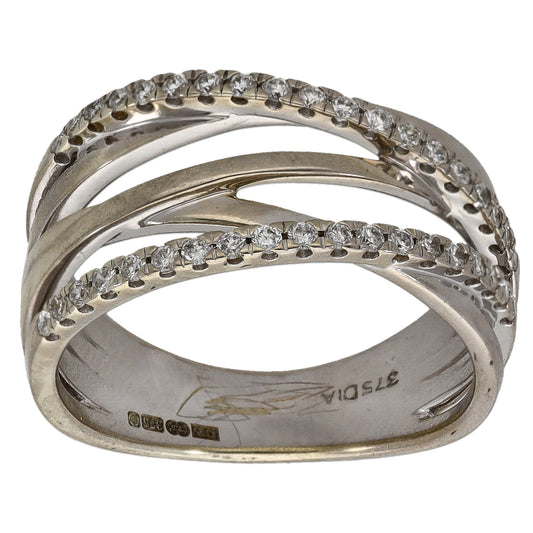 Stacked white gold ring with round diamonds lining the top band and outer edge