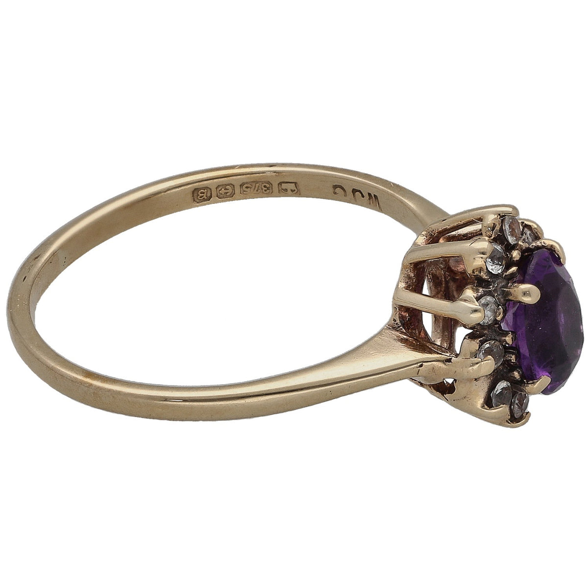 9ct gold solitaire ring with purple amethyst and diamond side clusters