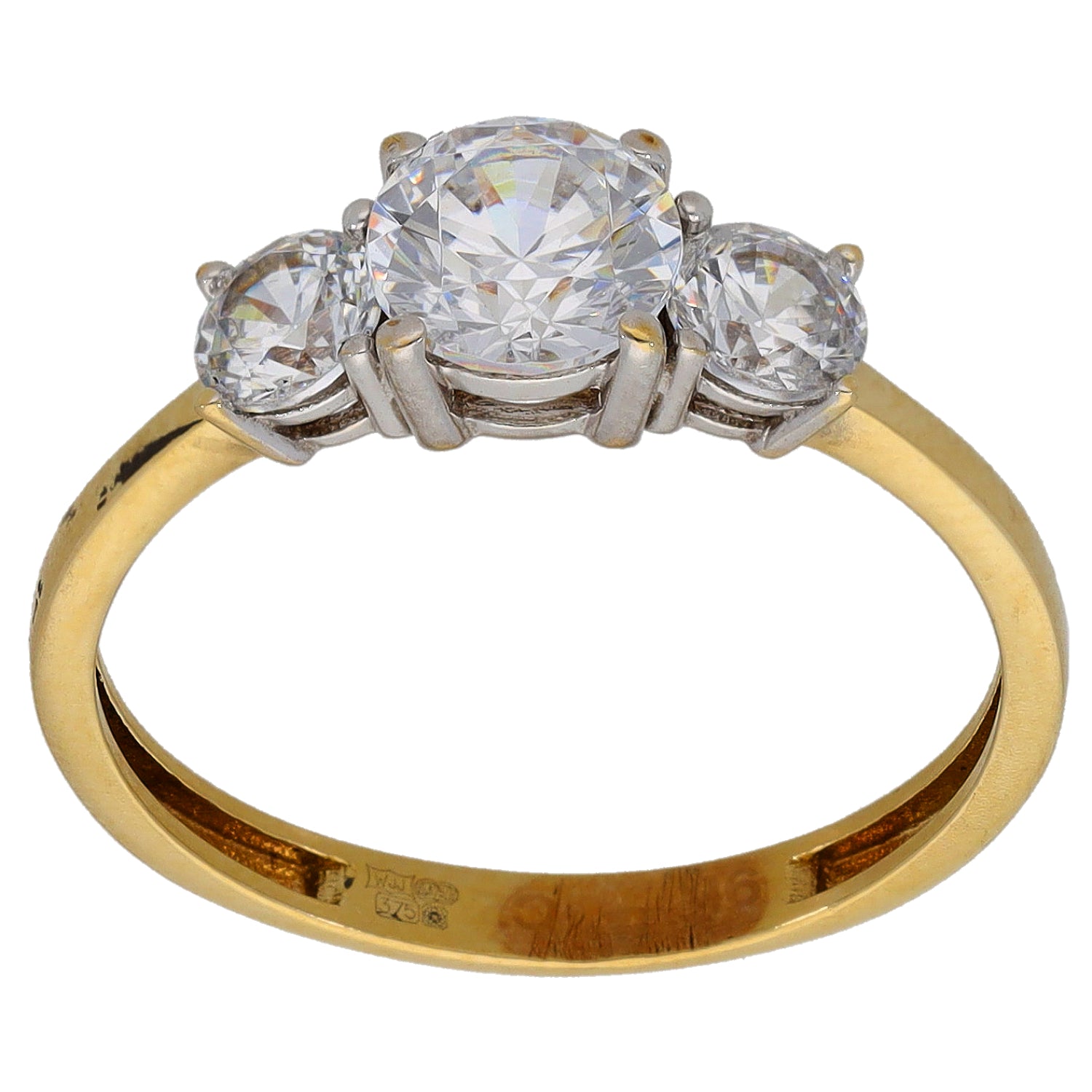 Gold-tone three-stone CZ ring, round center stone with two side stones
