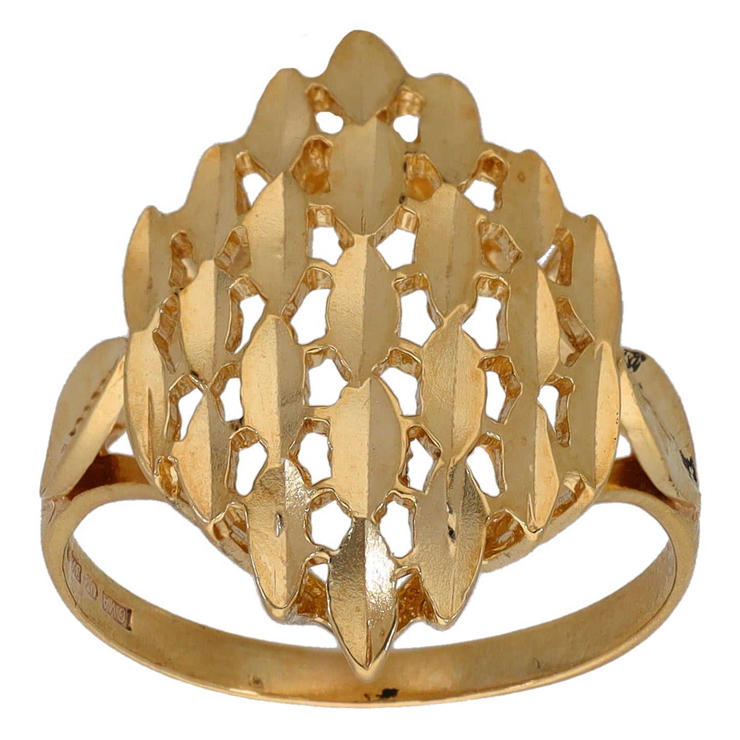 Gold-tone openwork top ring with vertical arches and lattice cutouts, smooth band