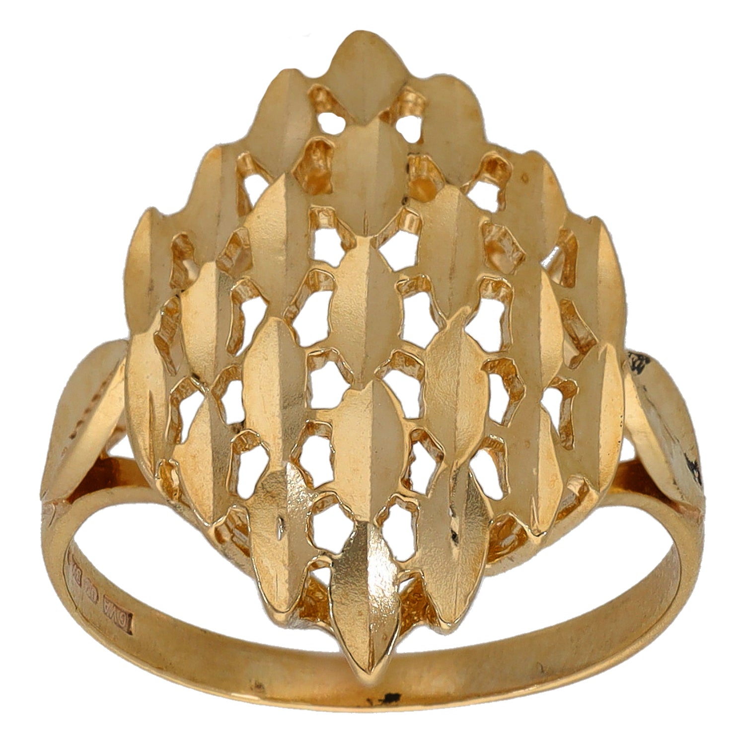 Gold-tone openwork top ring with vertical arches and lattice cutouts, smooth band