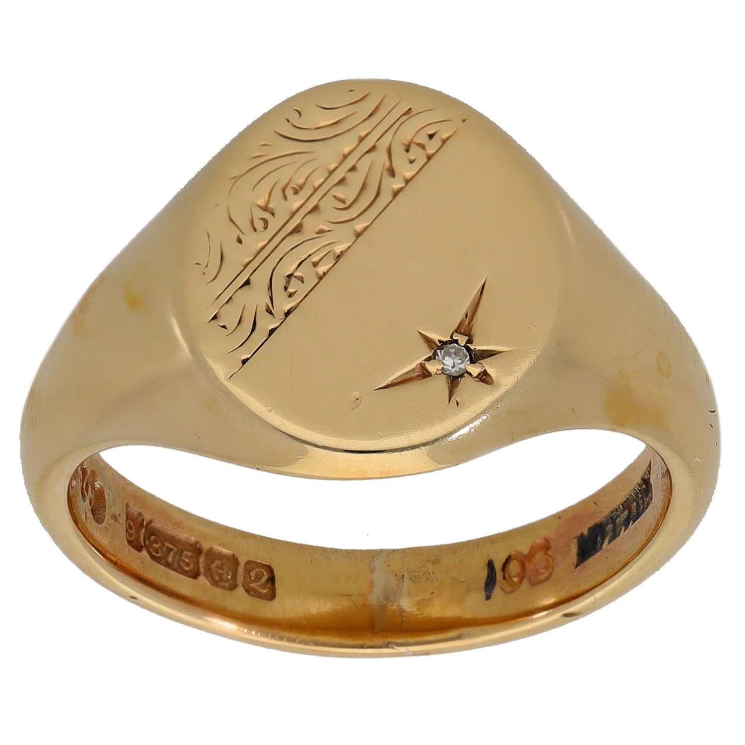 9ct gold signet ring with engraved pattern and round star diamond on top