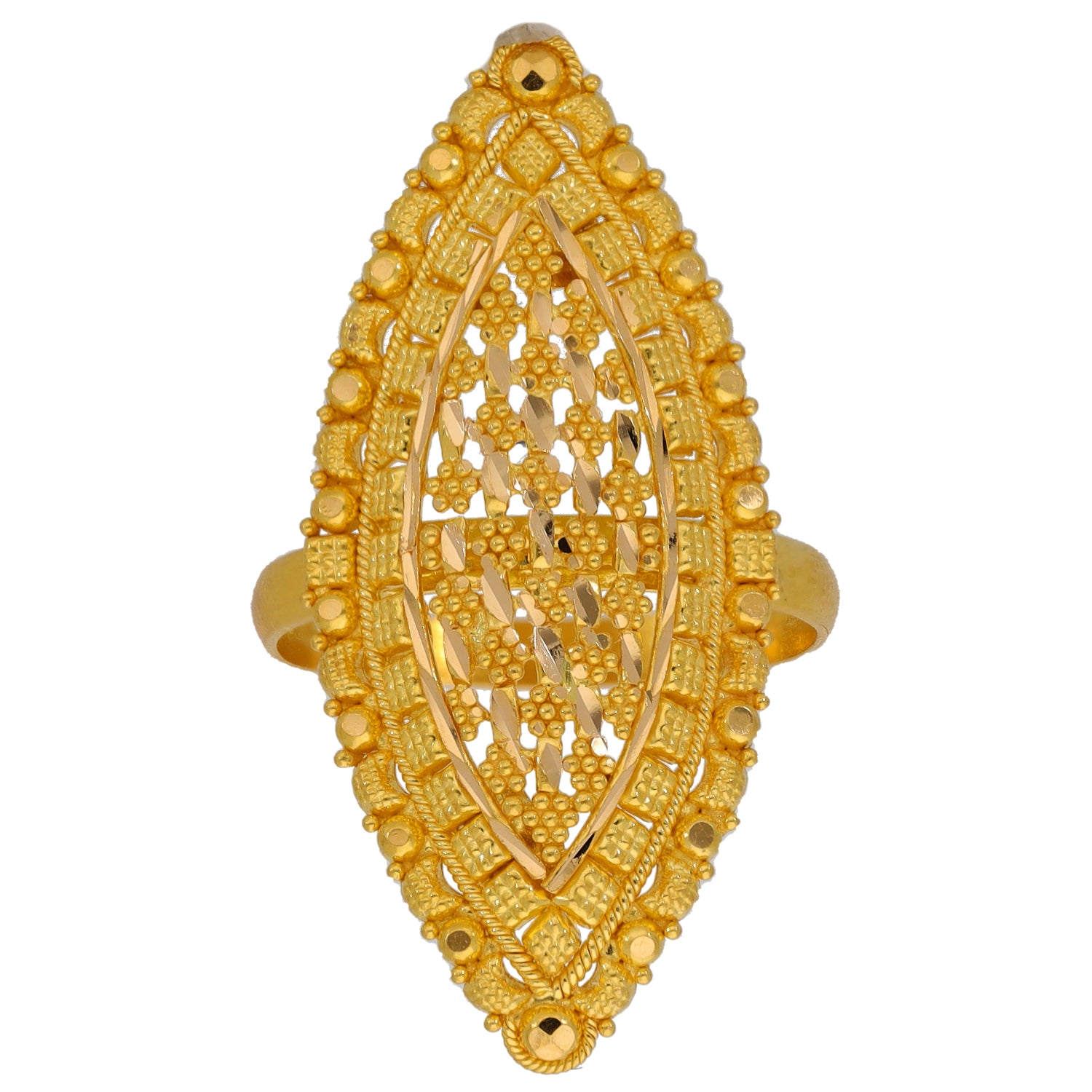 Gold oval statement ring with intricate latticework and dangling bead details
