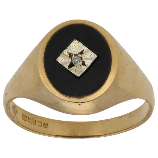 9ct Gold 0.01ct Diamond & Onyx Crest/Emblem Signet Ring Size U