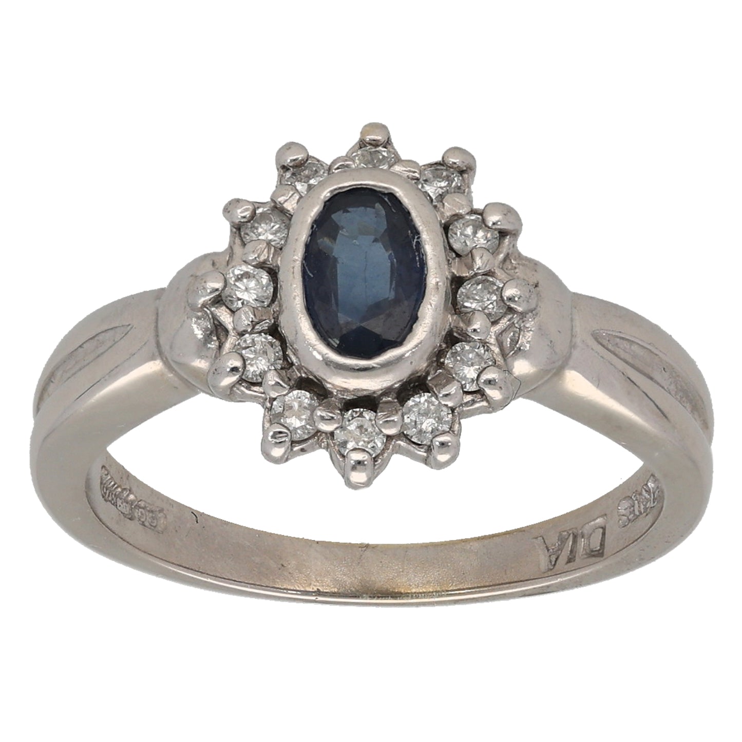 9ct White Gold Sapphire & 0.12ct Diamond Cluster Ring Size L
