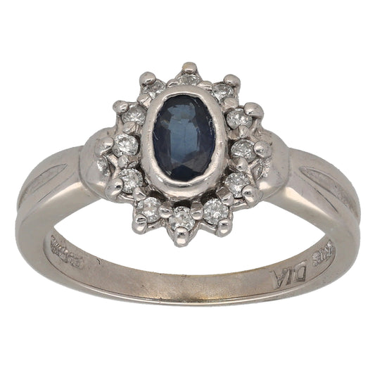 9ct White Gold Sapphire & 0.12ct Diamond Cluster Ring Size L