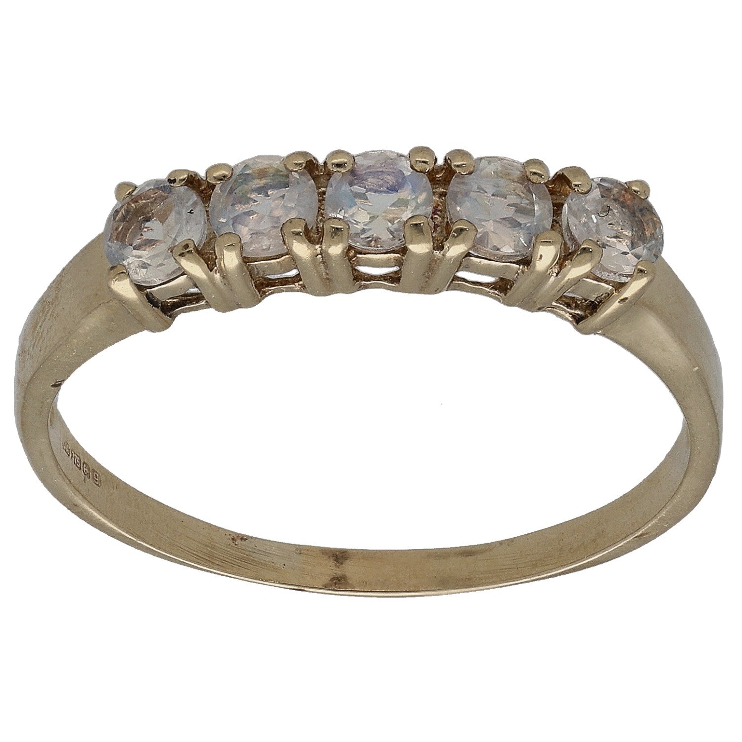 Gold-tone half eternity ring with faceted clear quartz stones across top