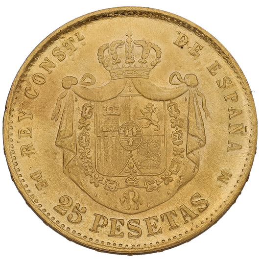 22ct Gold Spanish 25 Pesetas Coin 1878