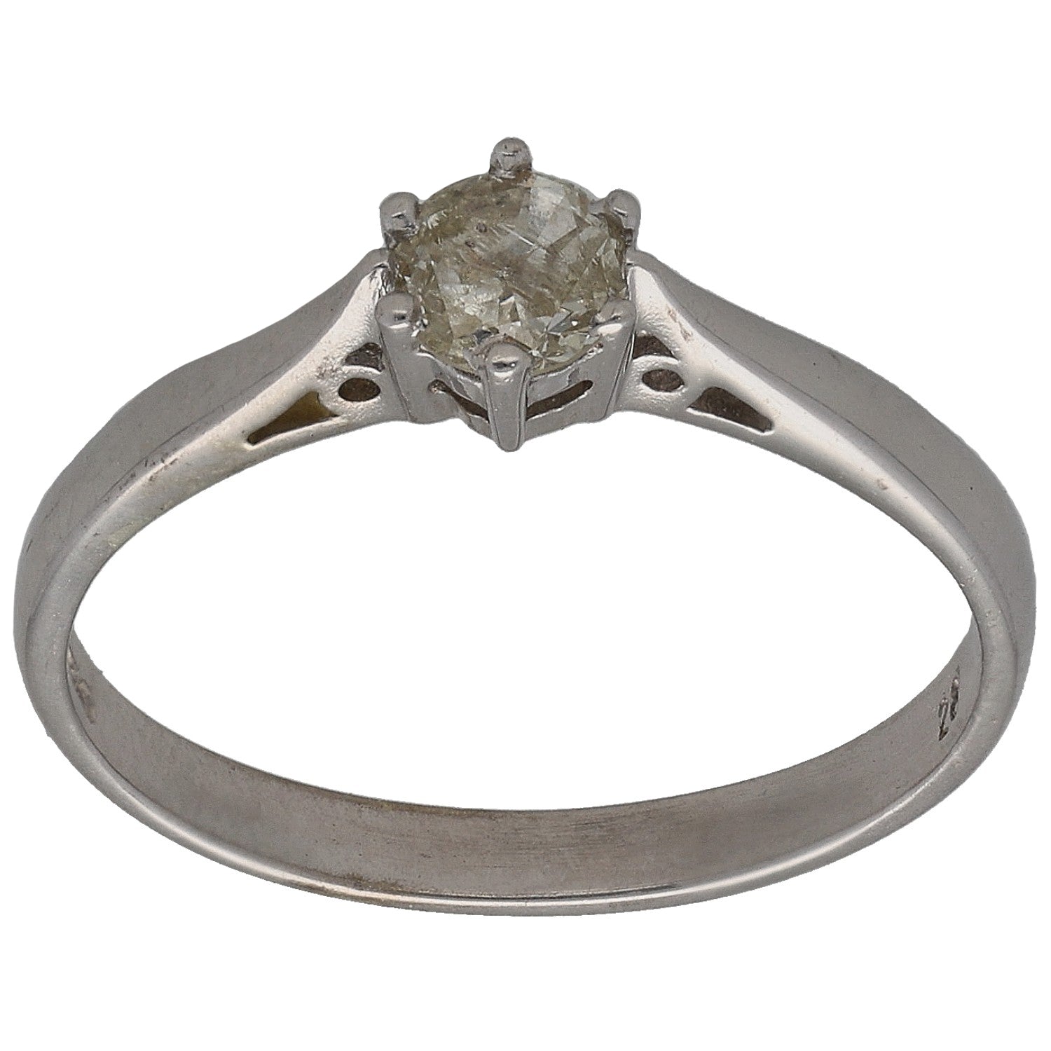 9ct white gold solitaire ring with round diamond center stone and split prongs