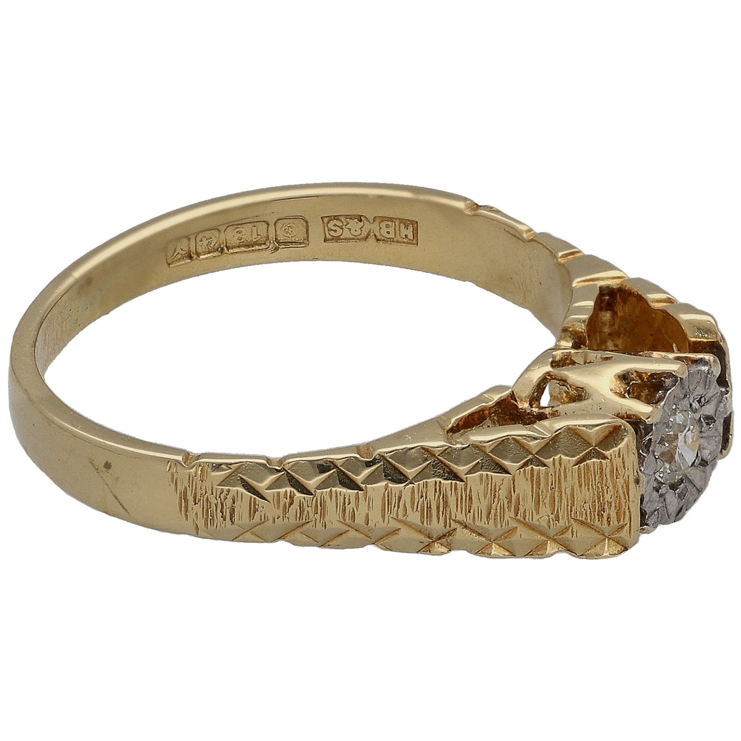 Bicolour gold ring band with engraved pattern and round diamond set at side