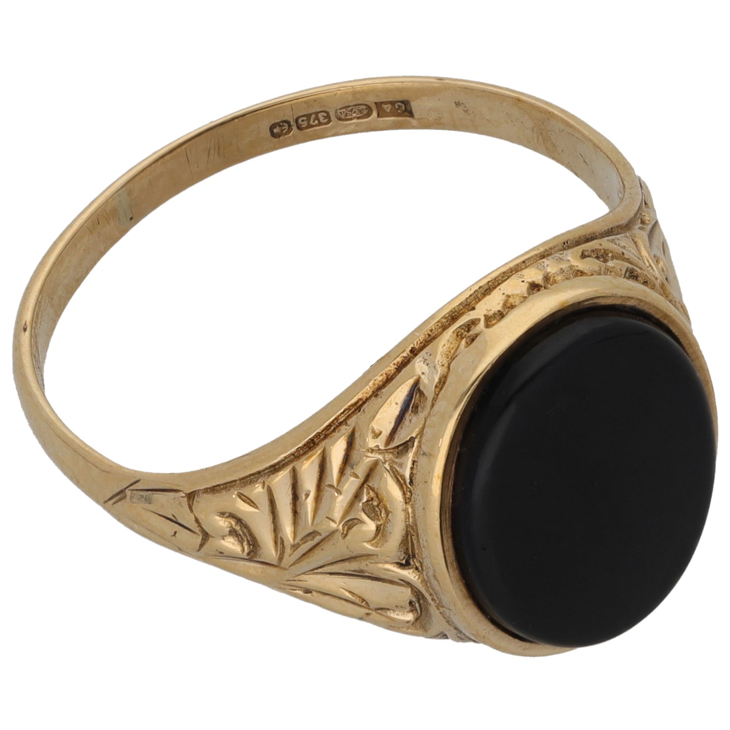 9ct Gold Onyx Crest/Emblem Single Stone Signet Ring Size R