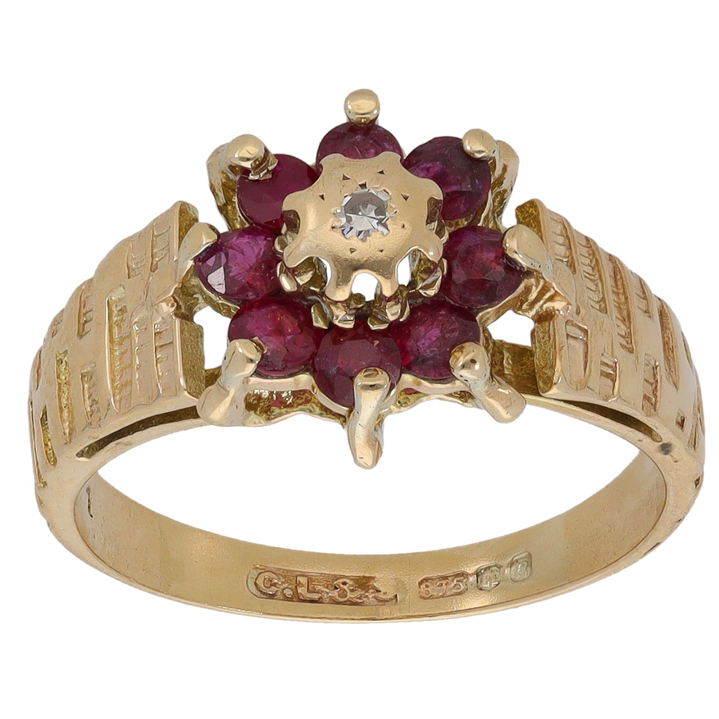 9ct Gold Ruby & 0.005ct Diamond Dress/Cocktail Ring Size K