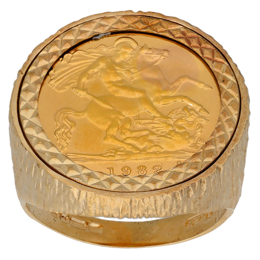 9ct Gold Full Sovereign Coin Ring Size Q