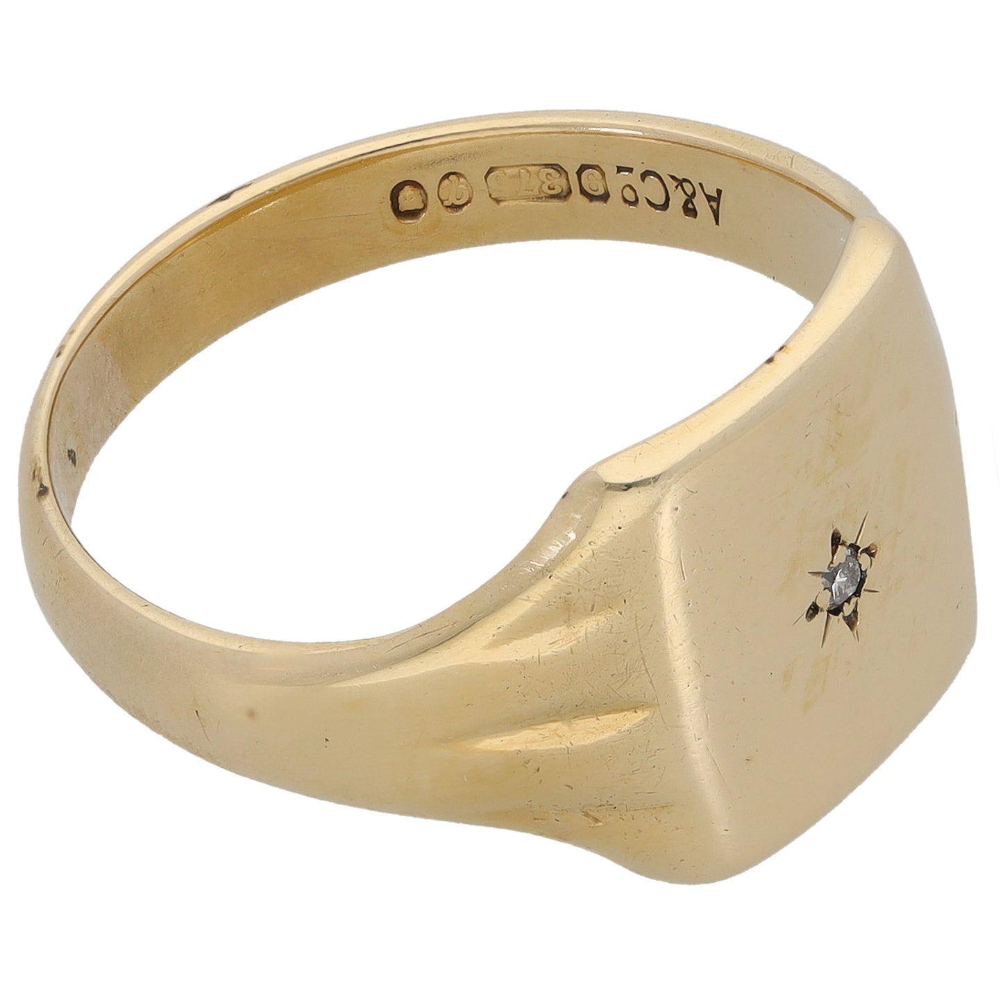 9ct Gold 0.01ct Diamond Patterned Signet Ring Size T