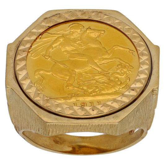 9ct Gold Full Sovereign Coin Ring Size S