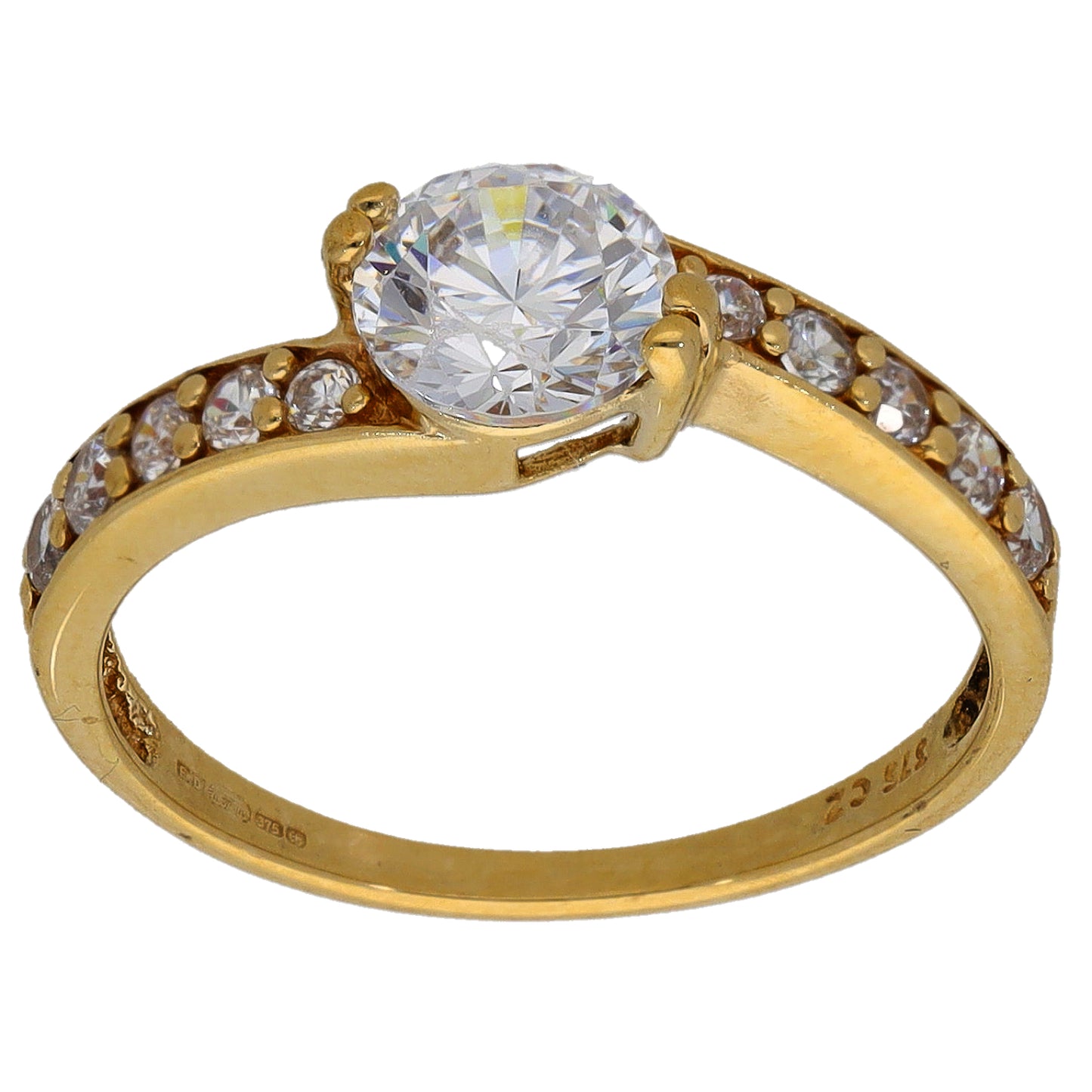 9ct Gold Cubic Zirconia Solitaire Ring With Accent Stones Size K