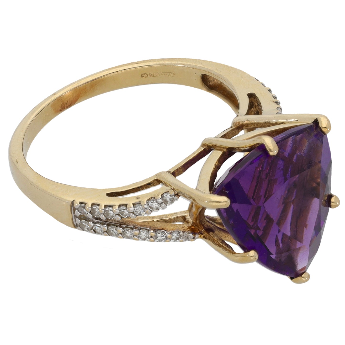 9ct Gold Amethyst & 0.16ct Diamond Single Stone Ring with Accent Stones Size N