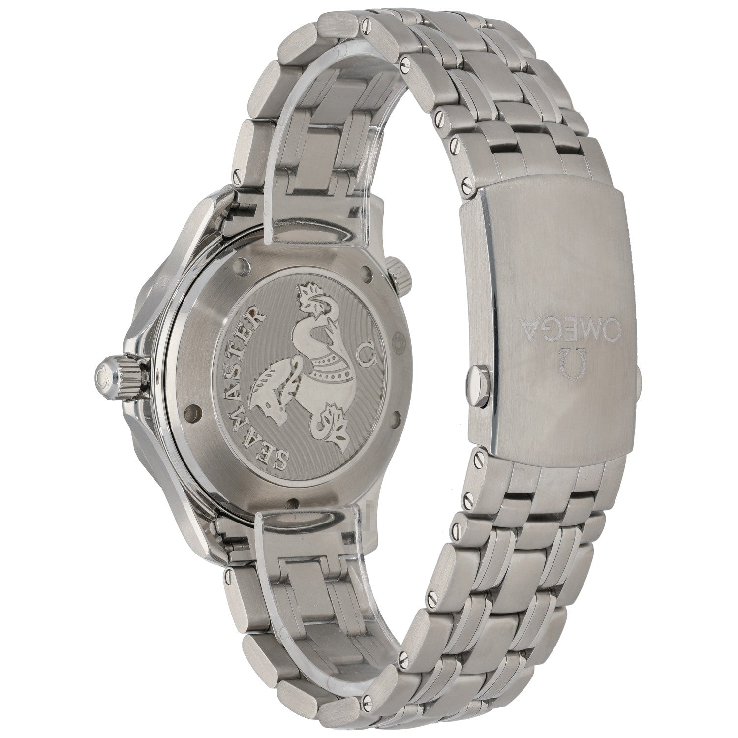 Omega Seamaster 212.30.41.20.03.001 Stainless steel watch caseback view with engraved Seahorse emblem and metal bracelet