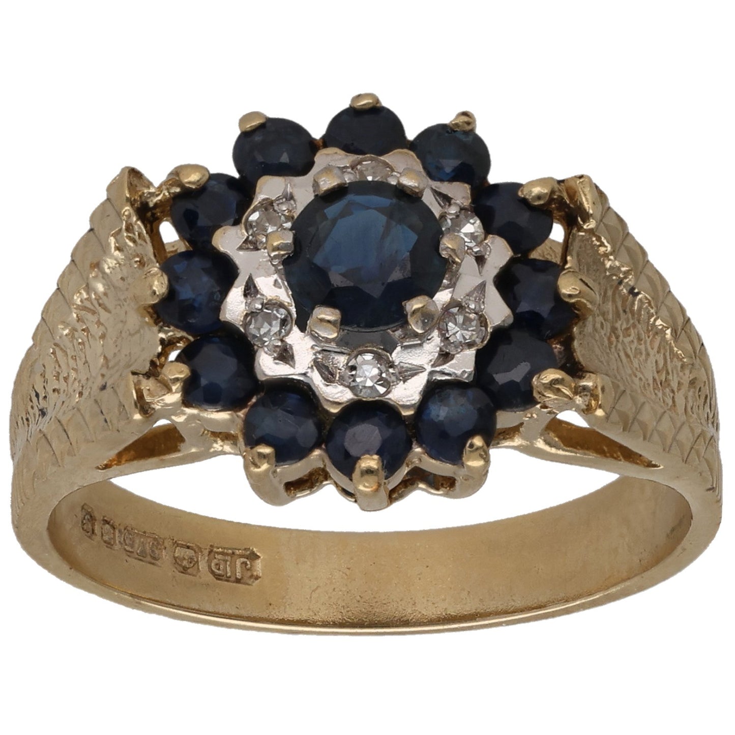 9ct gold cocktail ring, oval blue sapphire center with diamond halo