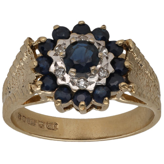 9ct gold cocktail ring, oval blue sapphire center with diamond halo