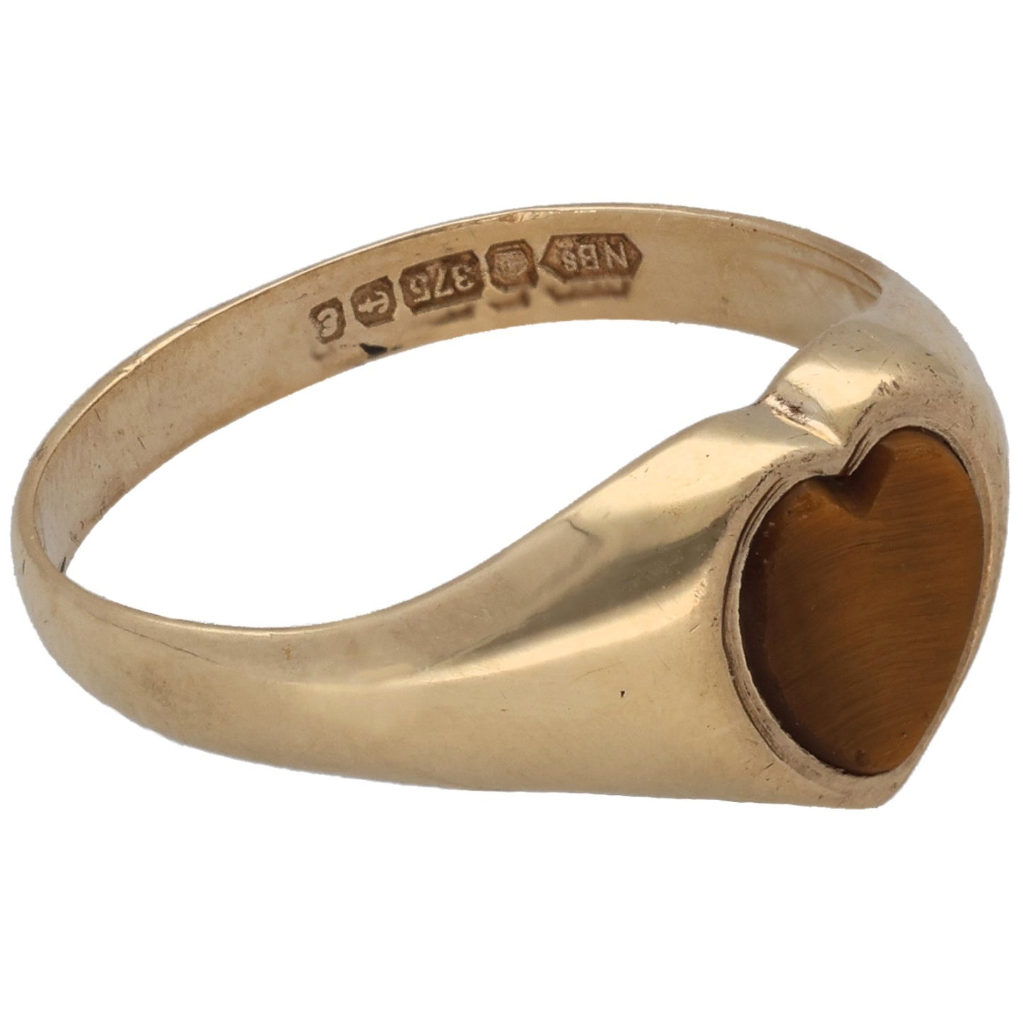 Gold signet ring side view with brown heart gemstone and engraved inner band