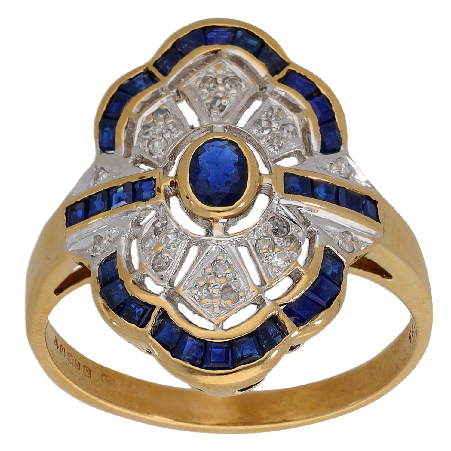 9ct gold ring front view: round blue sapphire, blue stones, diamond cluster