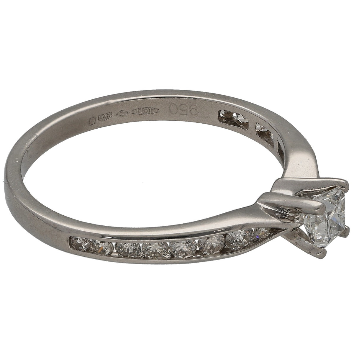 Platinum diamond solitaire ring with square center stone and side accents