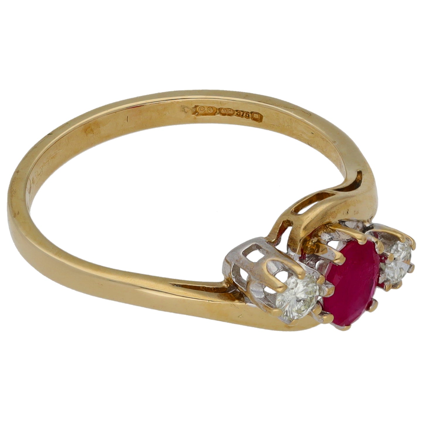 9ct Gold Ruby & 0.15ct Diamond Trilogy Ring Size O