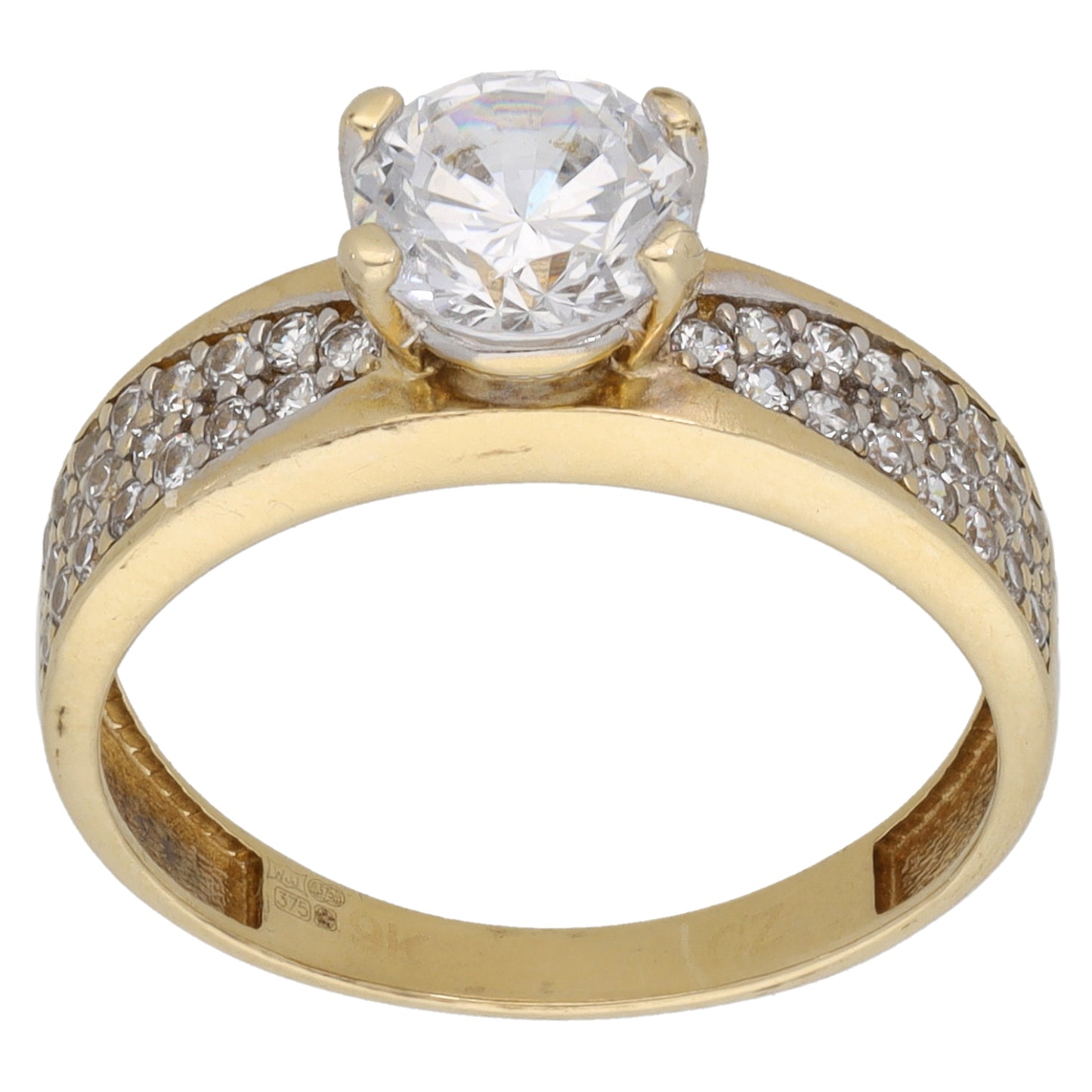 9ct Gold Cubic Zirconia Single Stone Ring with Accent Stones Size N