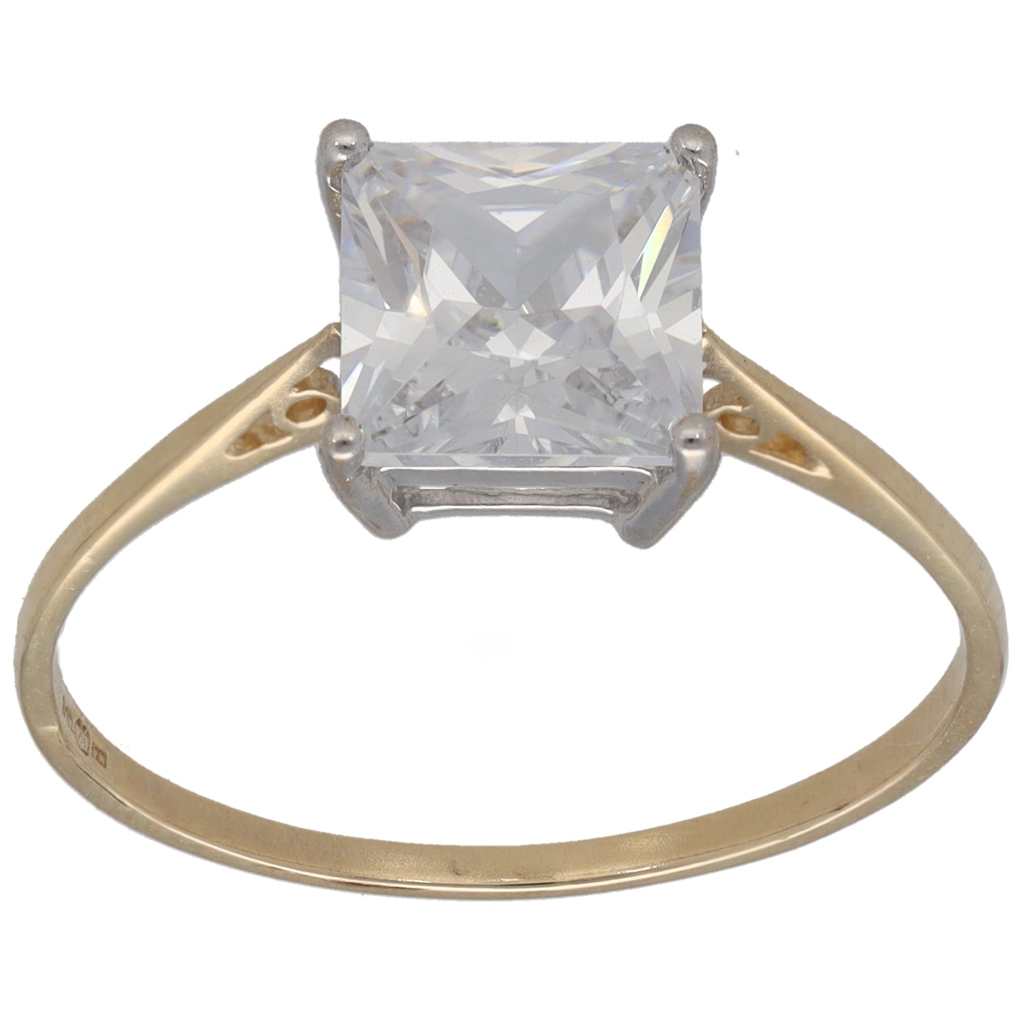 9ct gold CZ single-stone ring, square-cut clear stone in silver-tone setting