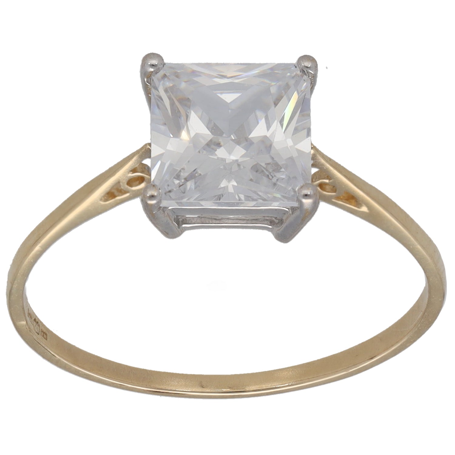 9ct gold CZ single-stone ring, square-cut clear stone in silver-tone setting
