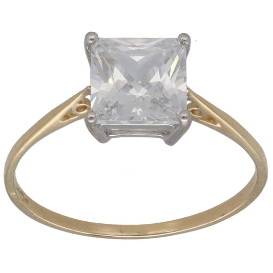 9ct gold CZ single-stone ring, square-cut clear stone in silver-tone setting