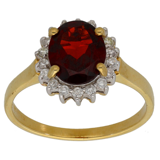 9ct Gold Garnet & 0.18ct Diamond Cluster Ring Size Q