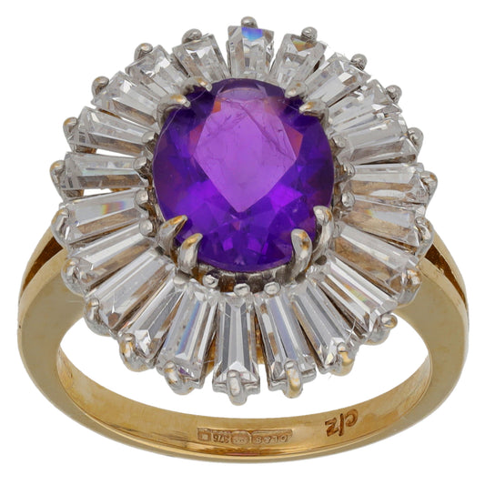 9ct Gold Amethyst & Cubic Zirconia Dress/Cocktail Ring Size M