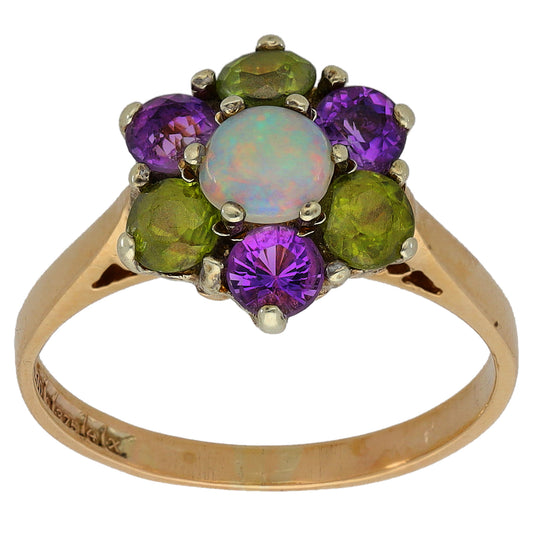 9ct Gold Opal, Peridot & Amethyst Dress/Cocktail Ring Size N
