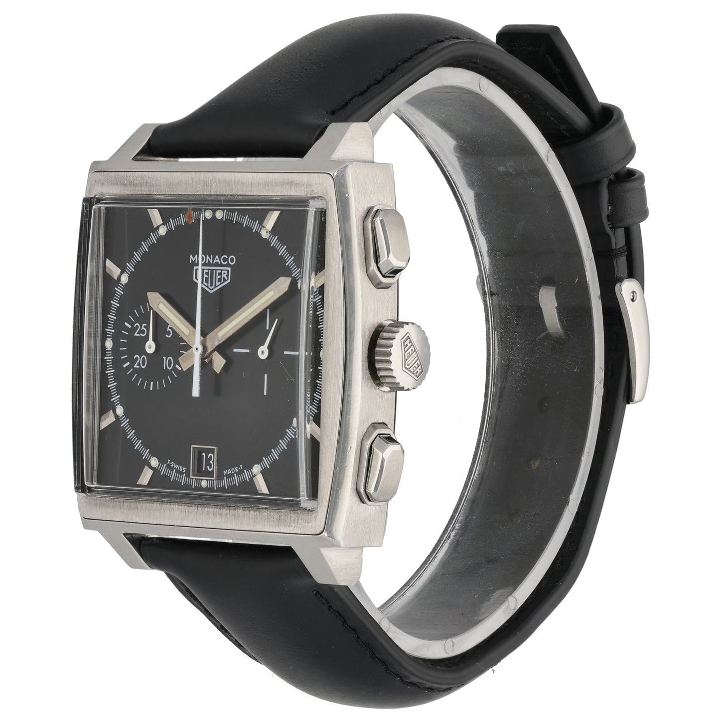 Tag Heuer Monaco CS2110 stainless steel watch, black leather strap, side profile of rectangular case