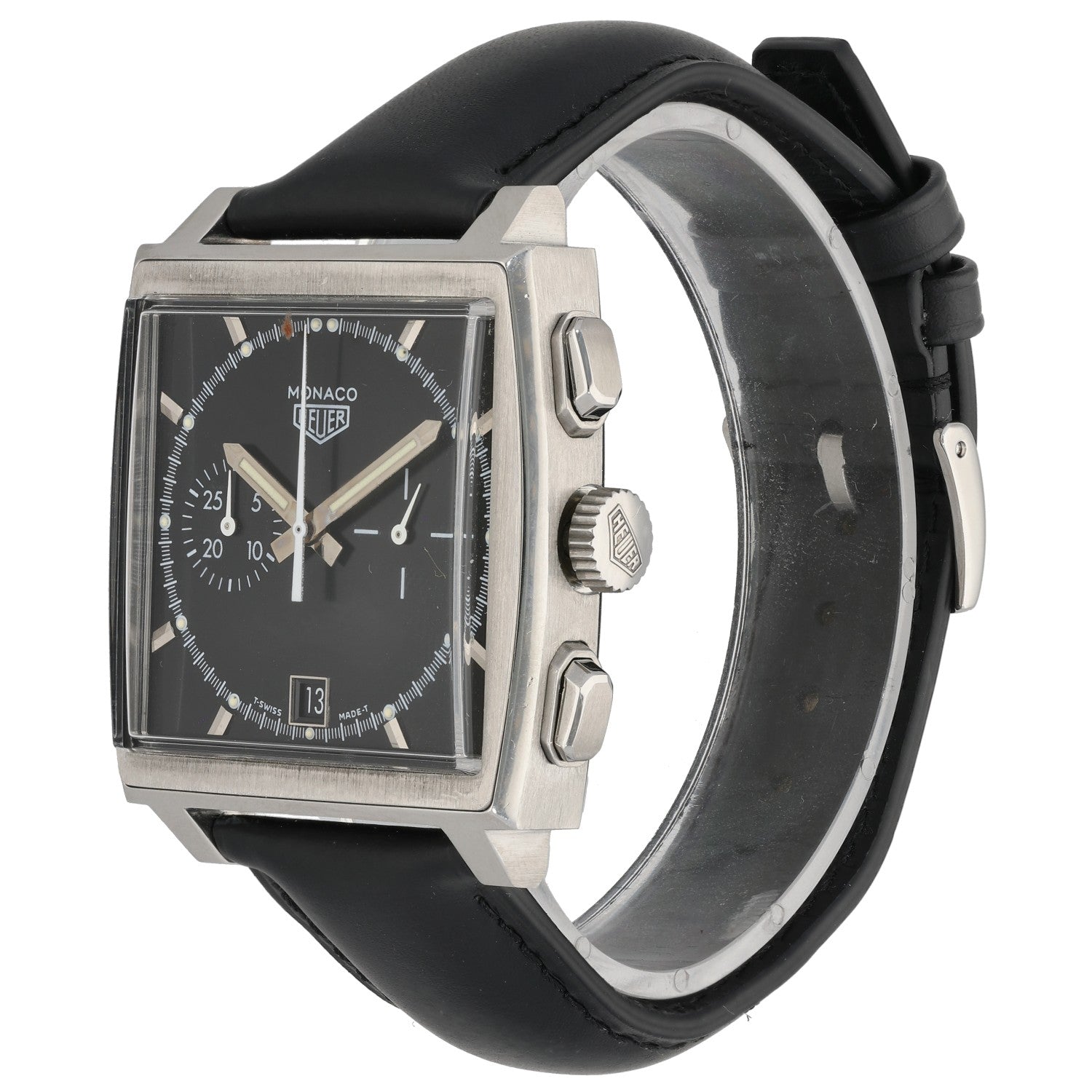 Tag Heuer Monaco CS2110 stainless steel watch, black leather strap, side profile of rectangular case