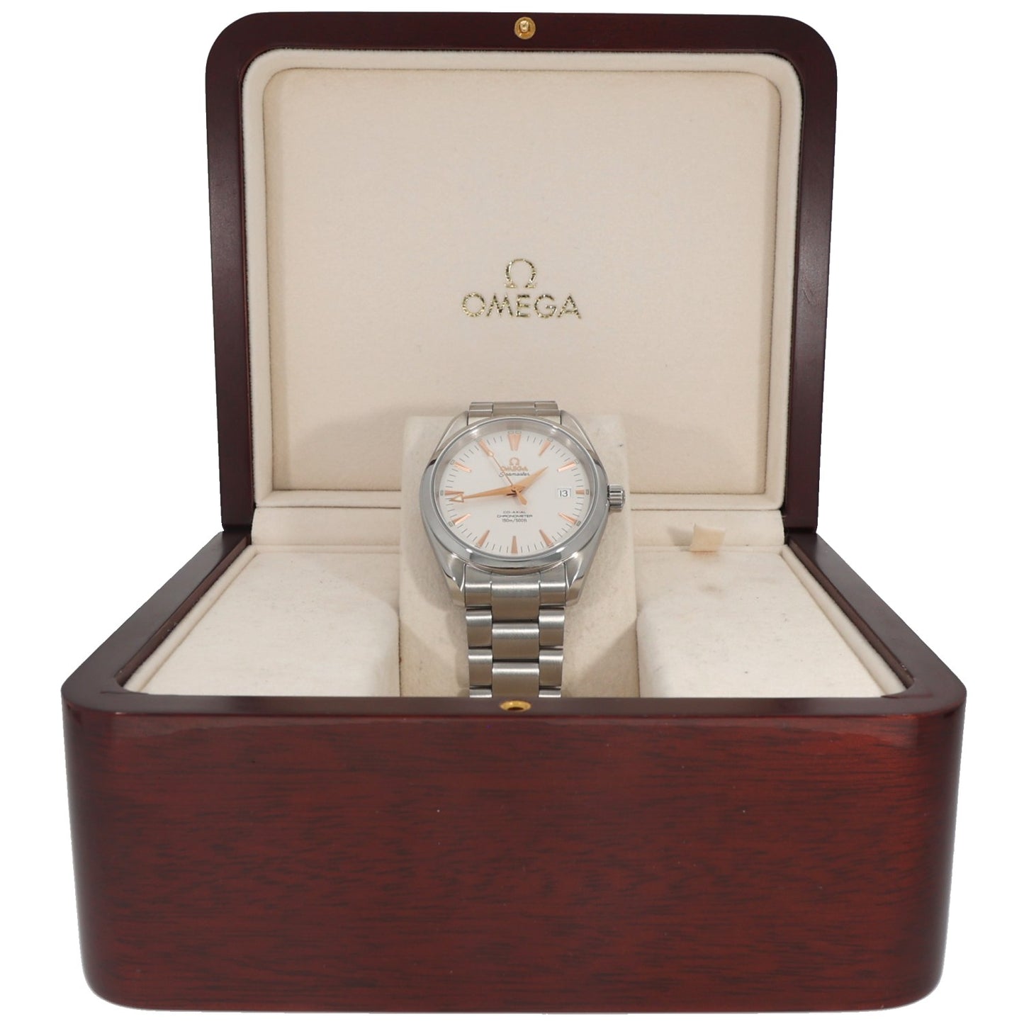 Omega Seamaster 2503.34.00 stainless steel watch in open wooden presentation box with white dial