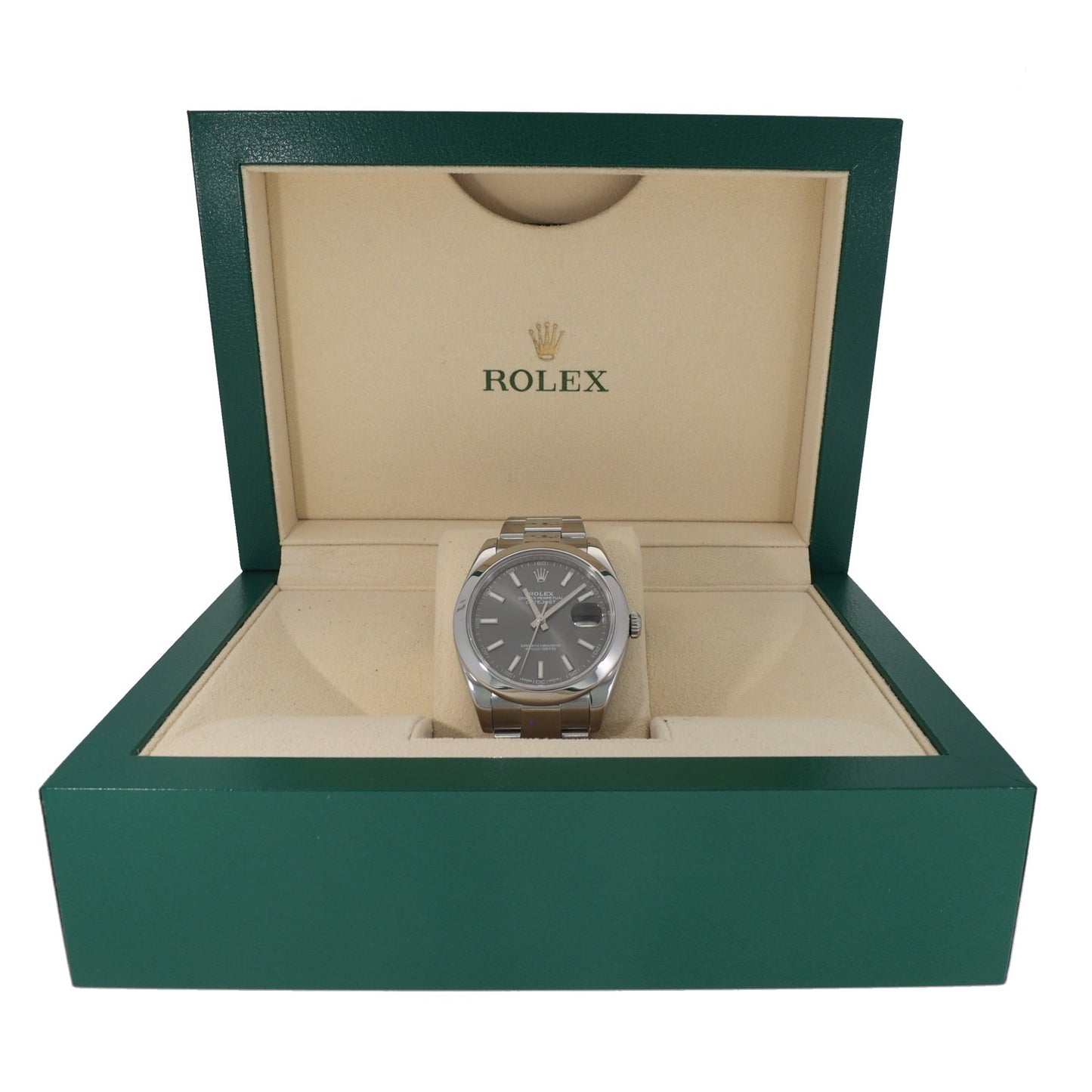 Rolex Datejust 41 126300, Rhodium dial, smooth bezel, stainless steel case and Oyster bracelet, green Rolex box