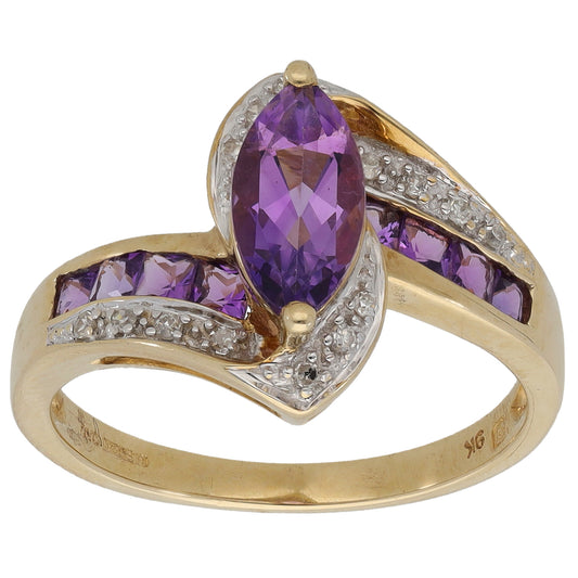 9ct Gold Amethyst & 0.07ct Diamond Dress/Cocktail Ring Size P