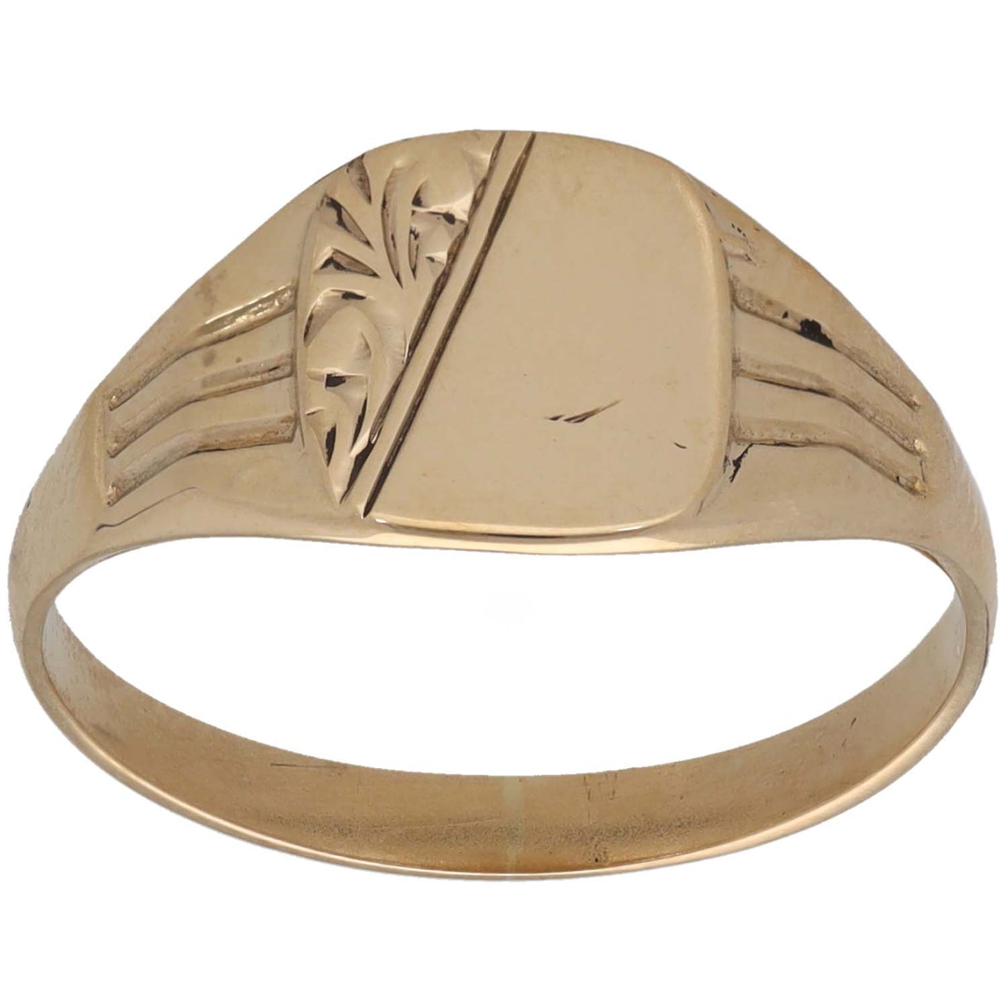 9ct gold patterned signet ring, engraved shield on top