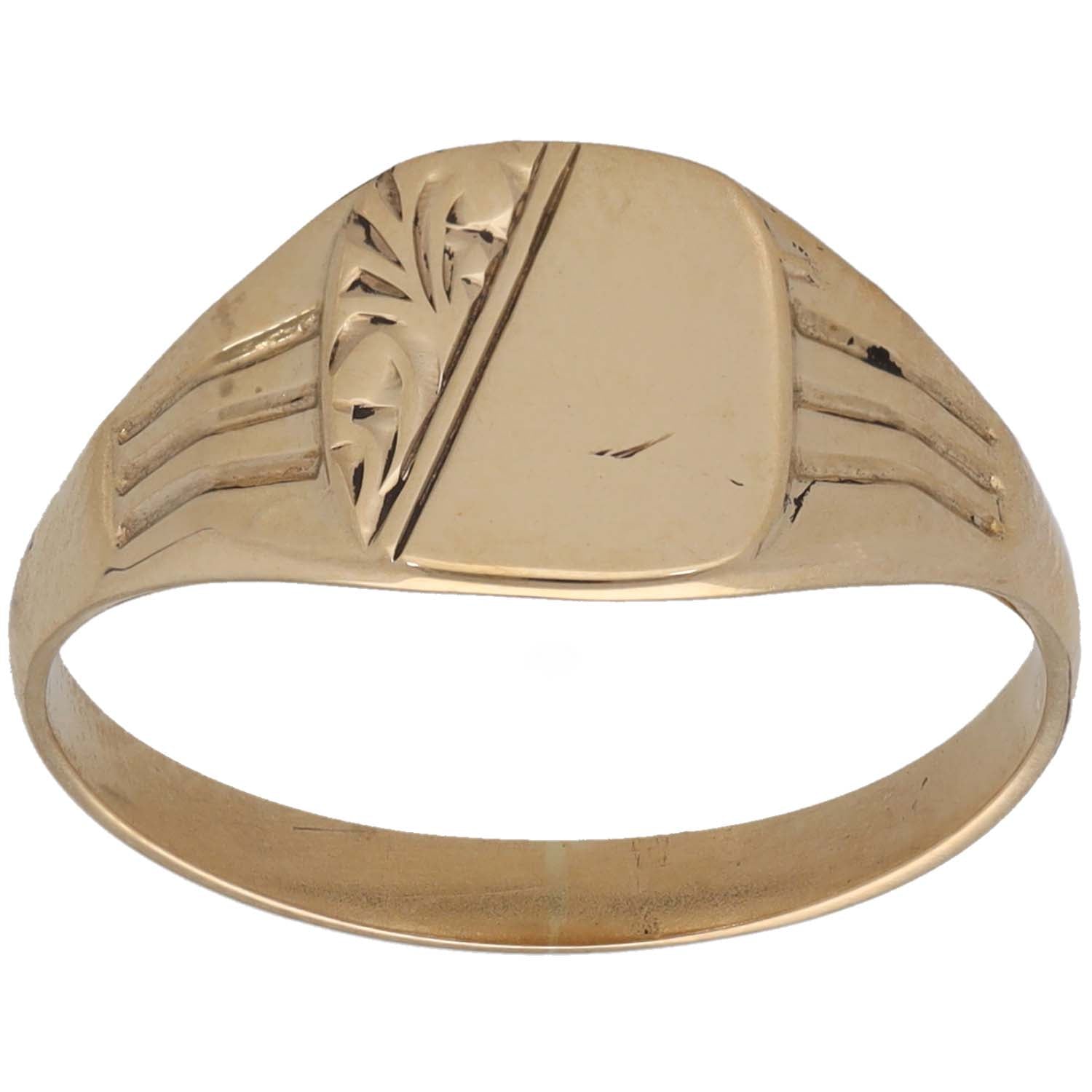 9ct gold patterned signet ring, engraved shield on top