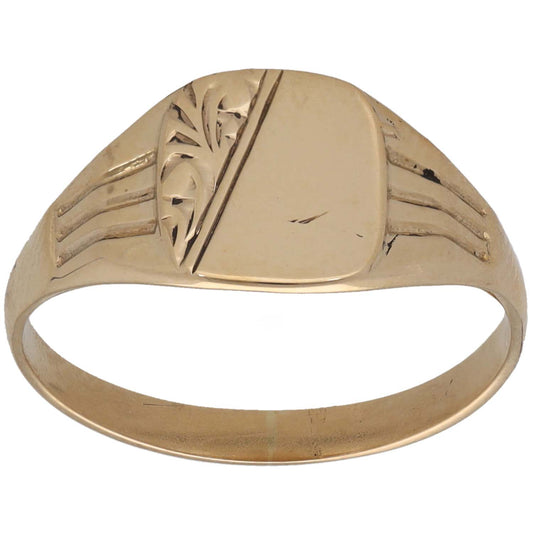 9ct gold patterned signet ring, engraved shield on top