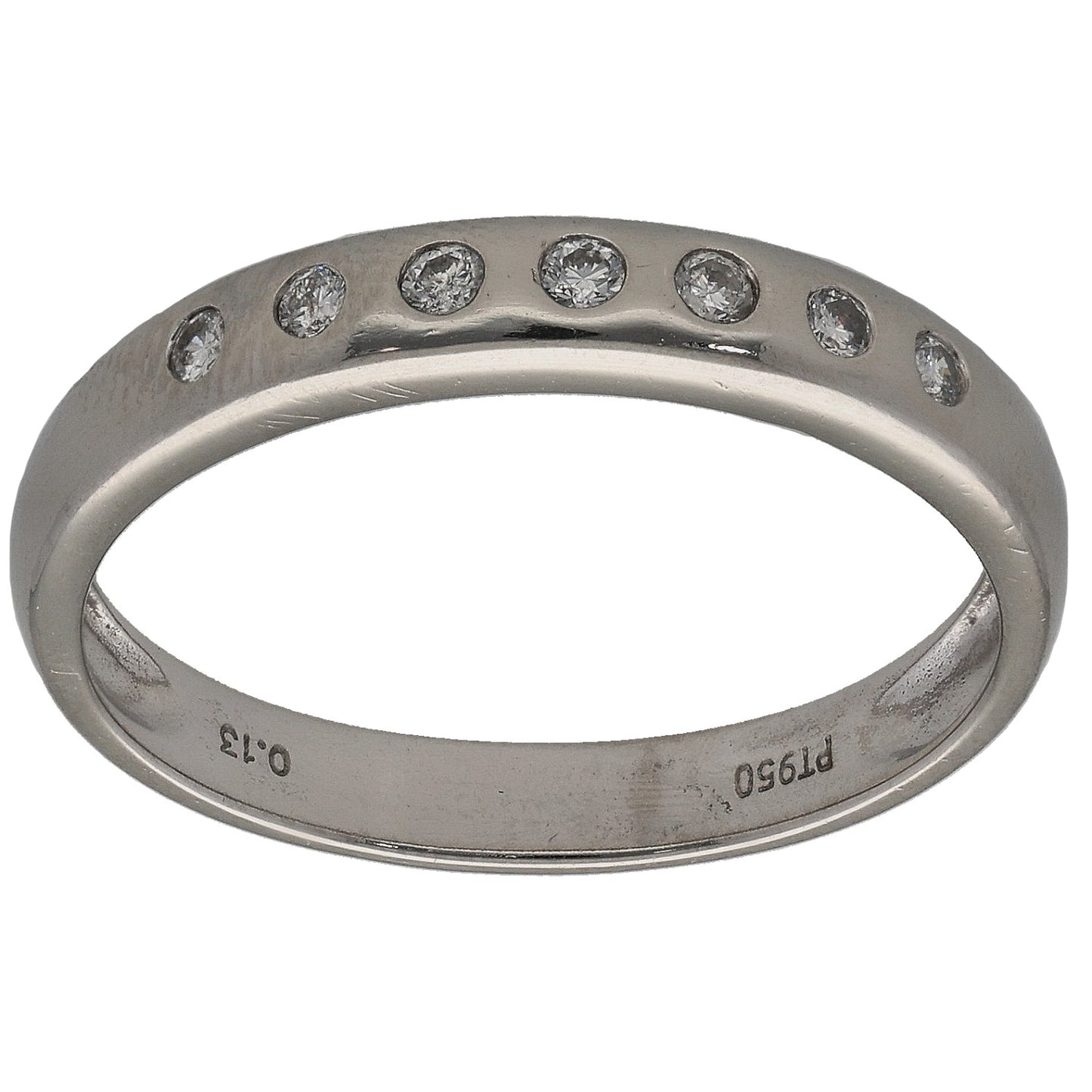 Platinum half-eternity ring with small round diamonds along the top band