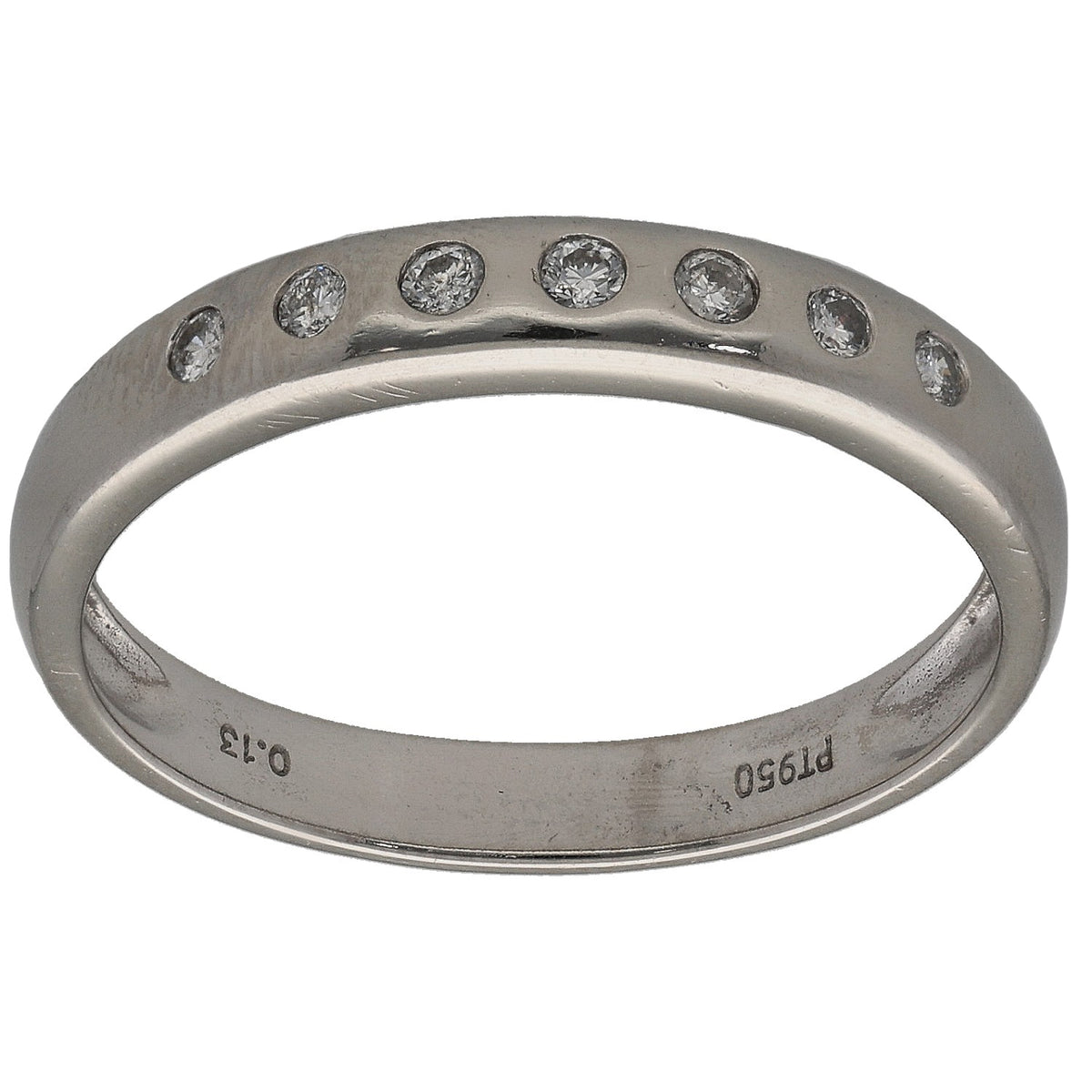 Platinum half-eternity ring with small round diamonds along the top band