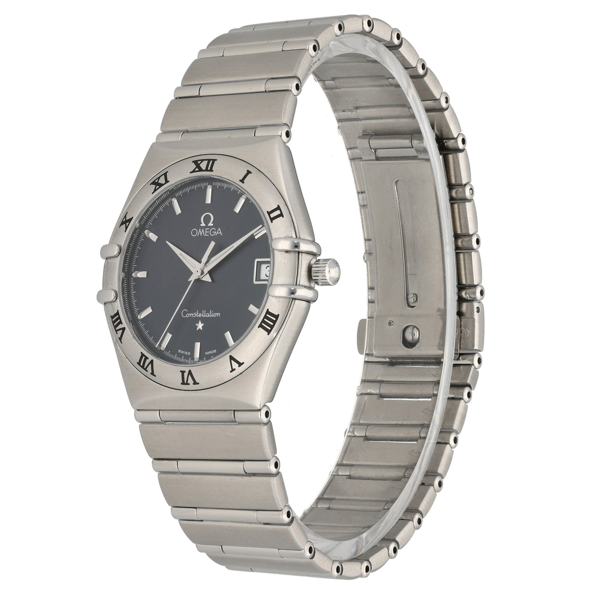 Omega Constellation 1512.40.00 Stainless steel wristwatch with dark blue dial, roman numerals, and linked bracelet