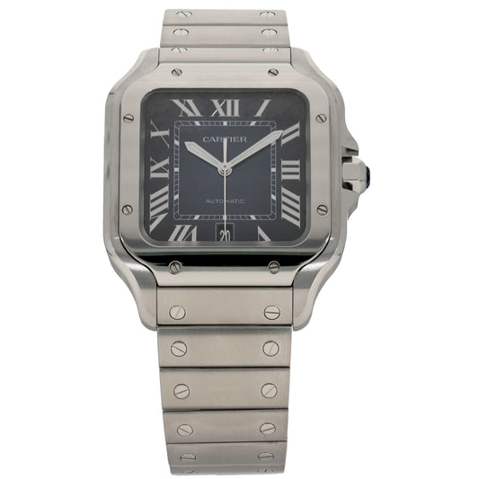 Cartier Santos WSSA0030, blue dial watch with Roman numeral hour markers