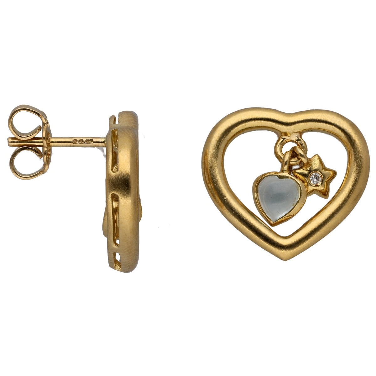 Gold heart stud earrings with light blue topaz and diamond star accents